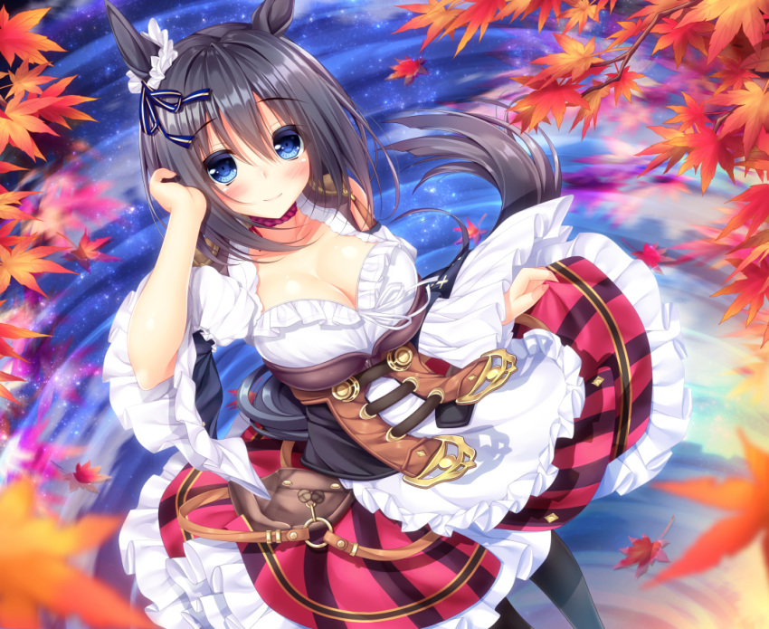 1girl animal_ears autumn_leaves bangs black_hair black_legwear blue_bow blue_eyes blurry blurry_foreground bow breasts cleavage closed_mouth commentary_request depth_of_field detached_sleeves dirndl dutch_angle eishin_flash eyebrows_visible_through_hair frilled_skirt frills german_clothes hair_between_eyes hair_bow horse_ears horse_girl horse_tail leaf long_sleeves maple_leaf medium_breasts o-ring pantyhose red_skirt ribbon shirt short_hair skirt skirt_hold sleeveless sleeveless_shirt sleeves_past_wrists smile solo standing striped striped_bow tail umamusume underbust vertical-striped_skirt vertical_stripes water white_ribbon white_shirt wide_sleeves yunagi_amane