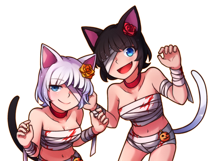 2girls :d animal_ears bandage bandaged_arm bandaged_head bandages bare_shoulders black_hair blood blood_stain blue_eyes breasts cat_ears cat_tail chocolate_(rabi_ribi) choker claw_pose cleavage collarbone error eyebrows_visible_through_hair eyes_visible_through_hair fang flower hair_flower hair_ornament halloween halloween_costume hands_up looking_at_viewer medium_breasts midriff multiple_girls mummy_costume navel one_eye_covered open_mouth pumpkin rabi-ribi red_choker short_hair smile speckticuls tail transparent_background vanilla_(rabi_ribi) white_hair