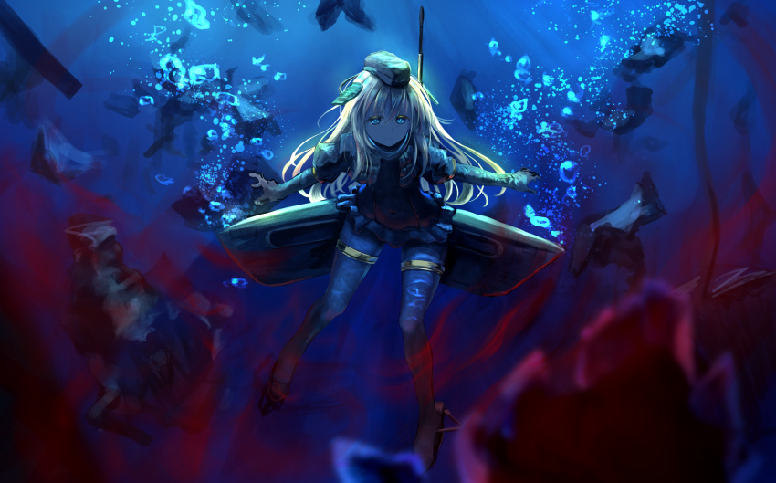 1girl bangs blonde_hair blue_eyes bubble cropped_jacket expressionless garrison_cap hair_ornament hat highres kantai_collection long_hair long_sleeves looking_at_viewer military military_uniform puffy_sleeves rigging rishia sidelocks solo swimsuit thigh_strap u-511_(kantai_collection) underwater uniform