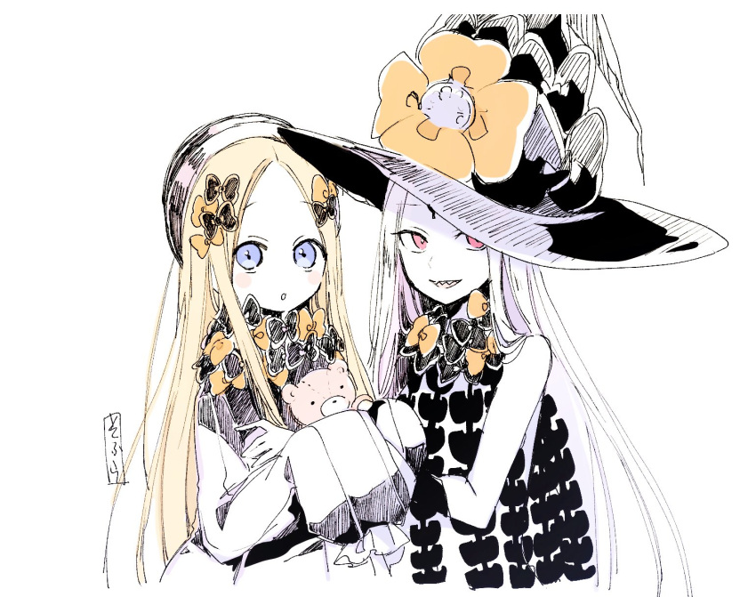 2girls :o abigail_williams_(fate/grand_order) bangs black_bow black_dress black_hat blonde_hair blue_eyes blush bow bug butterfly commentary_request dress dual_persona eyebrows_visible_through_hair fate/grand_order fate_(series) forehead hair_bow hands_up hat hat_bow highres insect long_hair long_sleeves looking_at_viewer multiple_girls object_hug orange_bow pale_skin parted_bangs parted_lips polka_dot polka_dot_bow red_eyes revealing_clothes sharp_teeth simple_background sleeves_past_fingers sleeves_past_wrists sofra stuffed_animal stuffed_toy teddy_bear teeth topless traditional_media upper_body very_long_hair white_background white_hair witch_hat