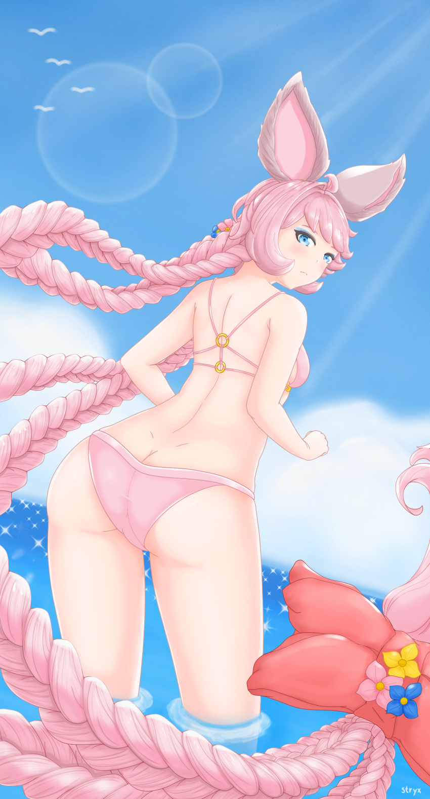 1girl absurdres animal_ears ass back blue_eyes blush braid breasts closed_mouth erune esser from_behind granblue_fantasy highres long_hair looking_at_viewer looking_back medium_breasts pink_hair pointy_ears simple_background solo standing stryx swimsuit thighs underwear very_long_hair