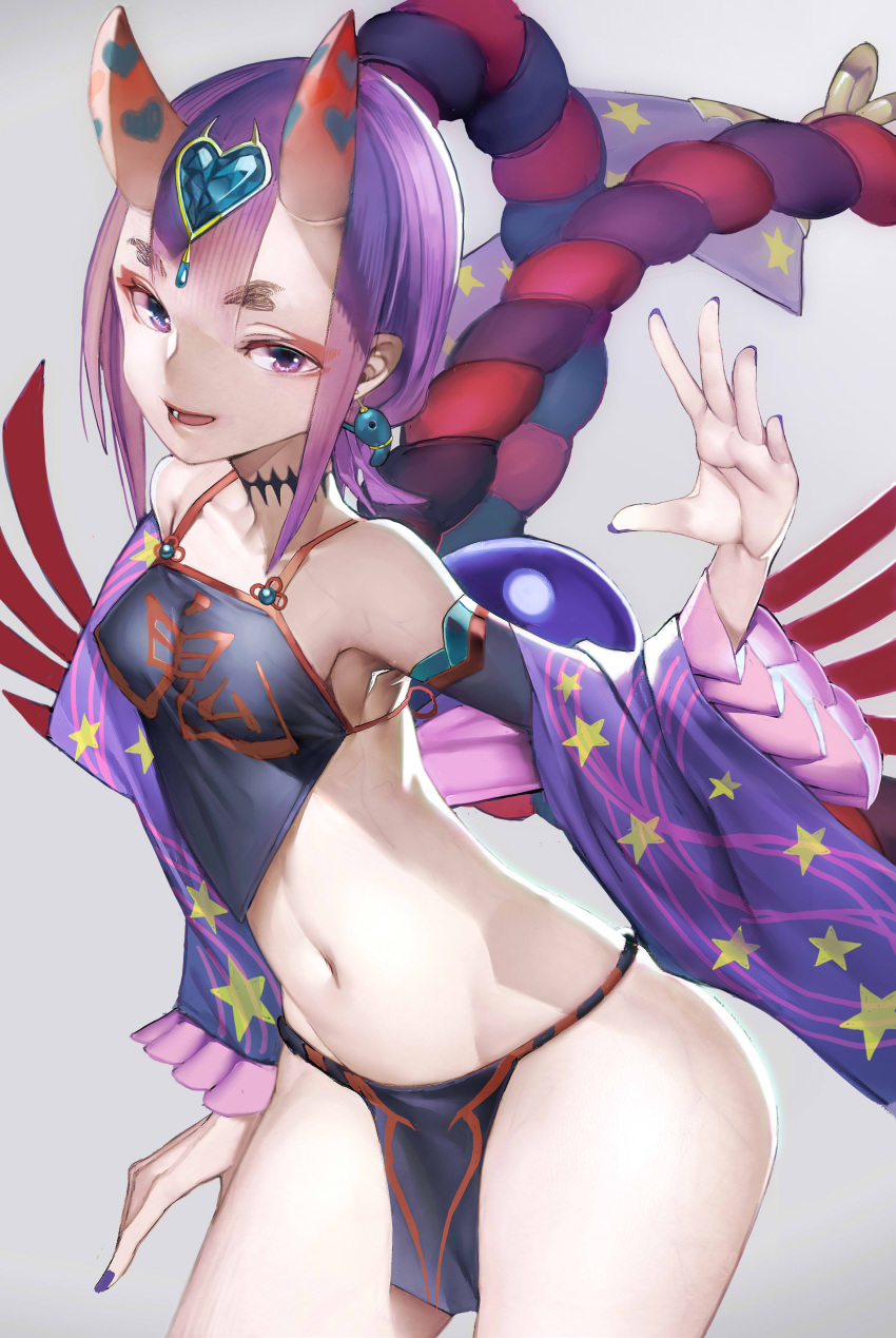 1girl absurdres bare_shoulders breasts commentary_request detached_sleeves dudou fate/grand_order fate_(series) fingernails grey_background hand_up headpiece heart highres horns loincloth long_hair long_sleeves looking_at_viewer nail_polish navel nyatabe oni oni_horns parted_lips purple_hair purple_nails shuten_douji_(fate/grand_order) simple_background small_breasts smile solo star violet_eyes wide_sleeves