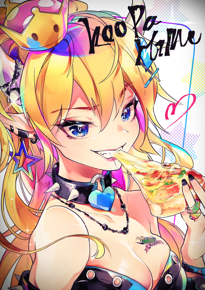 1girl bare_shoulders biting black_collar black_nails blonde_hair blue_eyes blush borrowed_design bowsette breast_tattoo breasts character_name cleavage collar collarbone crown ear_piercing earrings eating eyebrows_visible_through_hair fangs fingernails food grin hair_between_eyes heart heart_collar heart_tattoo highres holding holding_food horn_ornament horns jessie6533 jewelry lipstick long_hair makeup super_mario_bros. medium_breasts nail_polish necklace new_super_mario_bros._u_deluxe nib_pen_(medium) nintendo piercing pizza pointy_ears ring skindentation slit_pupils smile solo spiked_armlet spiked_collar spiked_ring spikes strapless super_crown tattoo traditional_media tsurime upper_body v-shaped_eyebrows