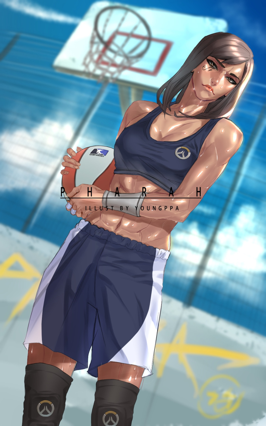 1girl abs artist_name ball bandaid_on_finger bangs basketball basketball_hoop black_hair breasts brown_eyes character_name cleavage commentary dark_skin dutch_angle english_commentary eye_of_horus facial_tattoo hair_down highres knee_pads lips medium_breasts medium_hair midriff nose over-kneehighs overwatch overwatch_(logo) pharah_(overwatch) shorts solo sports_bra sportswear sweat swept_bangs tattoo thigh-highs toned wristband youngppa
