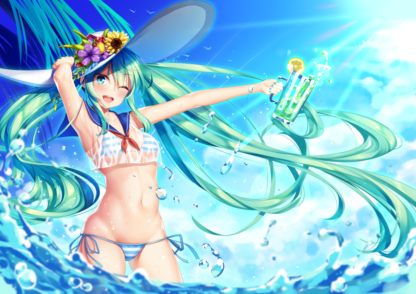 1girl absurdres aqua_eyes aqua_hair armpits bangs bikini blue_hair blurry clouds cloudy_sky commentary_request day depth_of_field eyebrows_visible_through_hair hand_on_headwear hat hatsune_miku highres holding long_hair looking_at_viewer looking_back nail_polish navel ocean one_eye_closed open_mouth outstretched_arm partially_submerged pupupu_(1053378452) sailor_collar side-tie_bikini sky smile solo standing striped striped_bikini swimsuit thighs twintails very_long_hair vocaloid water water_drop