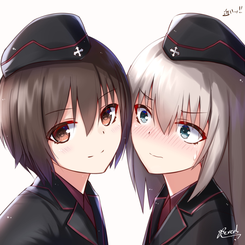 2girls bee_doushi black_hat black_jacket blush brown_eyes brown_hair eyebrows_visible_through_hair girls_und_panzer hair_between_eyes hat highres itsumi_erika jacket kuromorimine_military_uniform long_hair looking_at_viewer military military_hat military_uniform multiple_girls nishizumi_maho portrait red_shirt shirt short_hair signature silver_hair simple_background sweatdrop uniform white_background