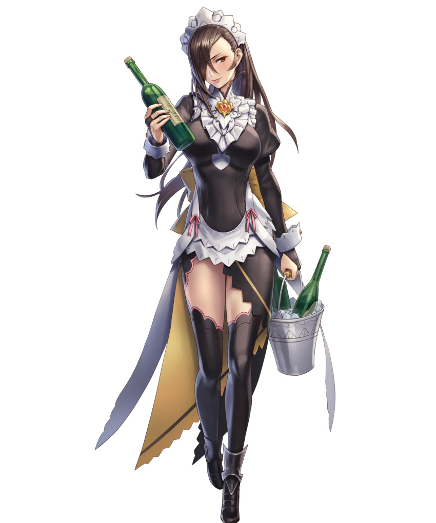 1girl alcohol ankle_boots black_dress black_legwear boots bottle breasts bridal_gauntlets brown_eyes brown_hair bucket closed_mouth cuboon detached_sleeves dress fire_emblem fire_emblem_heroes fire_emblem_if full_body glass_bottle hair_over_one_eye highres holding ice kagerou_(fire_emblem_if) large_breasts lips long_hair maid maid_headdress nintendo official_art puffy_sleeves shiny shiny_clothes shiny_hair solo standing thigh-highs transparent_background turtleneck wine zettai_ryouiki