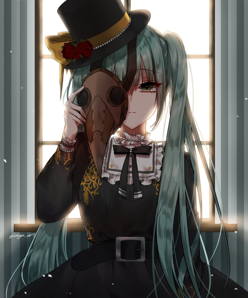 1girl bangs belt belt_buckle black_belt black_dress black_ribbon blue_hair buckle commentary cuffs dress eyebrows_visible_through_hair eyes_visible_through_hair flower gothic_lolita green_eyes haga hat hat_flower hat_ornament hat_ribbon hatsune_miku highres indoors jewelry lace lace_trim lolita_fashion long_hair long_sleeves mask mask_removed necklace pearl pearl_necklace plague_doctor_mask ribbon rose strap top_hat twintails very_long_hair vocaloid window windowsill yellow_ribbon