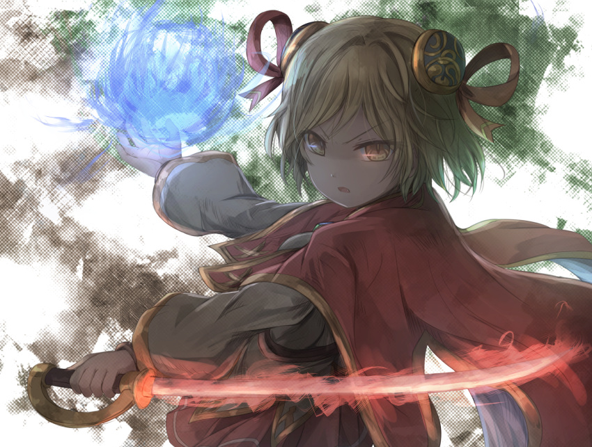 1girl bangs blonde_hair brown_eyes cape commentary djeeta_(granblue_fantasy) english_commentary eyebrows_visible_through_hair fiery_sword flaming_sword granblue_fantasy hair_ornament hair_ribbon highres hikari_niji holding holding_sword holding_weapon long_sleeves looking_at_viewer looking_to_the_side parted_lips pleated_skirt red_cape red_ribbon red_skirt ribbon runeslayer_(granblue_fantasy) shirt skirt solo sword v-shaped_eyebrows weapon white_shirt
