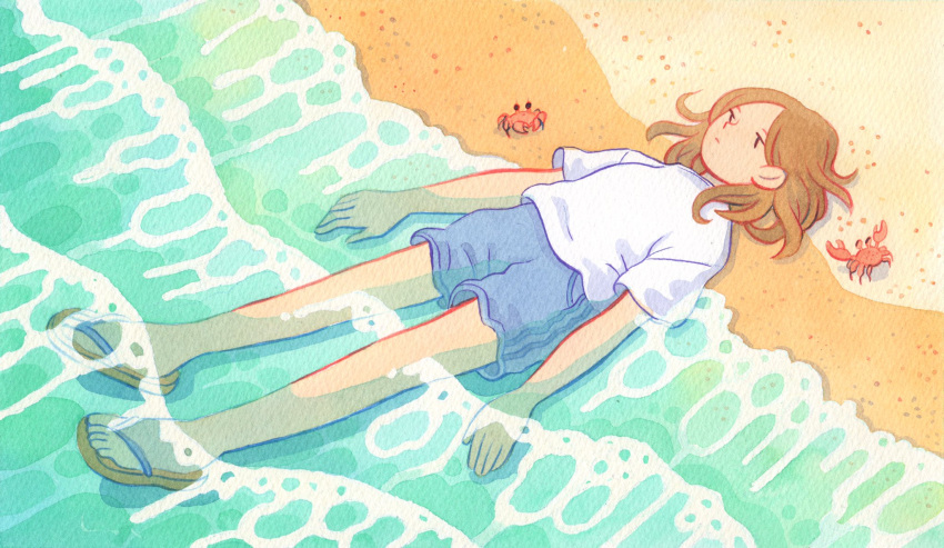 1girl animal beach brown_hair crab crustacean day expressionless flip-flops heikala highres inktober lying medium_hair ocean on_back original outdoors partially_submerged sand sandals shirt short_sleeves shorts solo traditional_media water watercolor_(medium) white_shirt