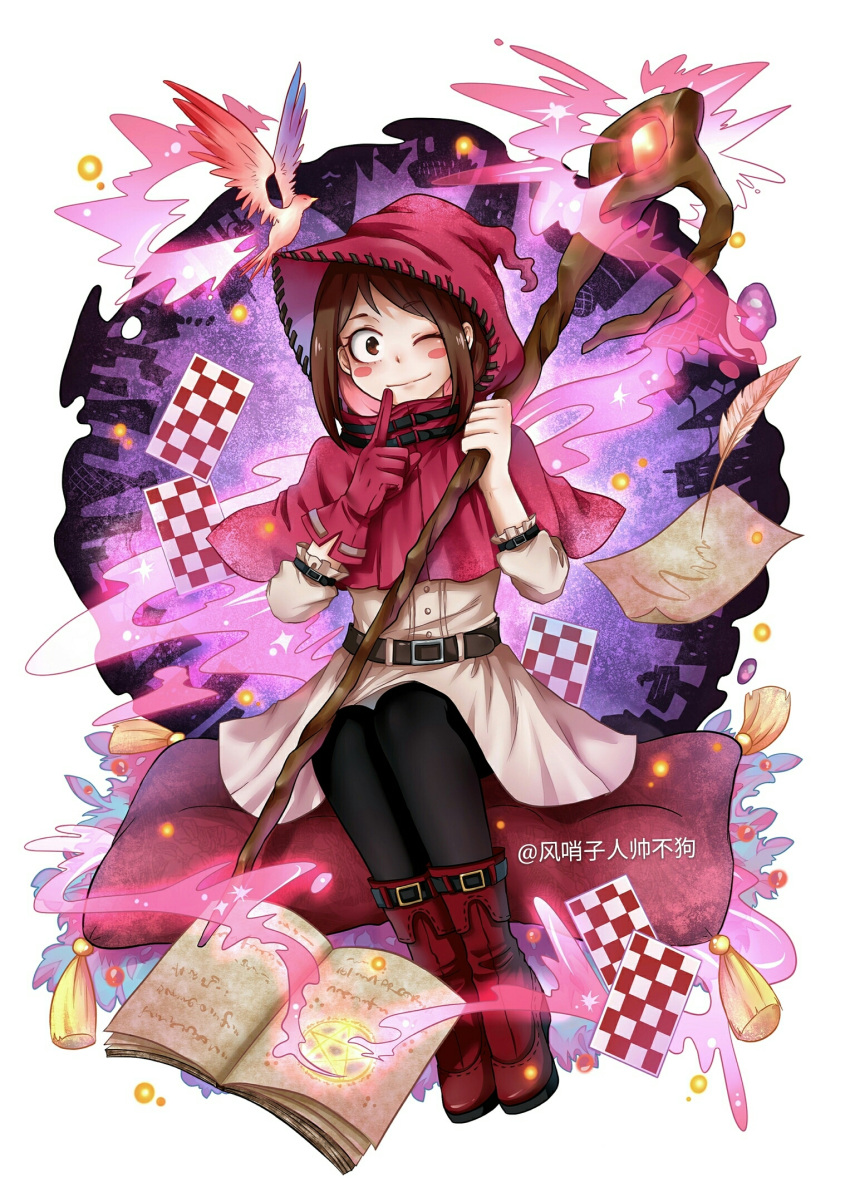 1girl ;d asymmetrical_gloves bird black_legwear blush boku_no_hero_academia book boots brown_eyes brown_hair capelet dress feathers gloves hat highres holding holding_staff looking_at_viewer magic one_eye_closed open_book open_mouth pantyhose red_capelet red_footwear red_gloves red_hat short_dress short_hair simple_background single_glove sitting smile solo staff uraraka_ochako white_background white_dress witch_hat