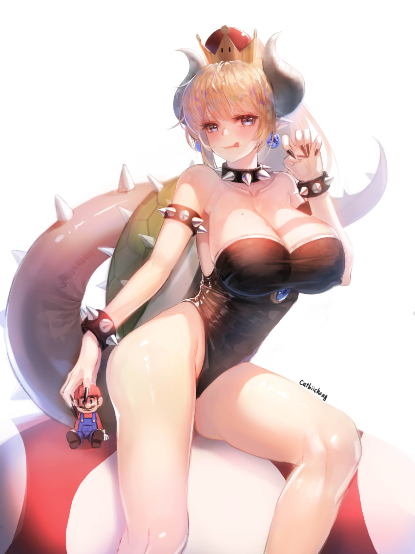 1girl absurdres black_collar black_leotard blonde_hair blue_earrings borrowed_design bowsette bracelet breasts brooch catbii cleavage collar commentary_request crown earrings fingernails highres horns jewelry large_breasts leotard mario super_mario_bros. new_super_mario_bros._u_deluxe nintendo pointy_ears sharp_fingernails spiked_armlet spiked_bracelet spiked_collar spiked_shell spiked_tail spikes strapless strapless_leotard super_crown tail turtle_shell twitter_username white_background