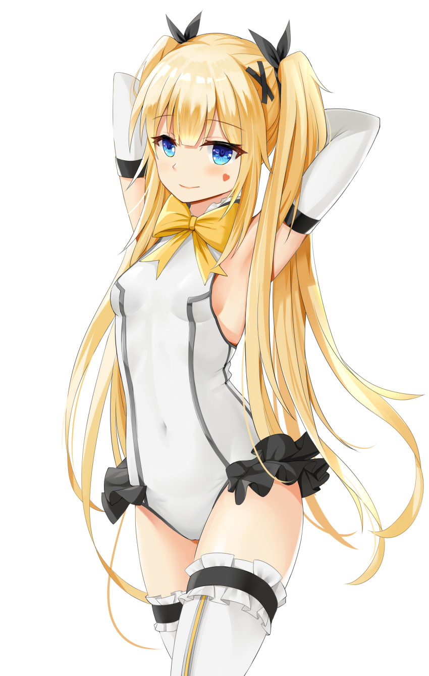 1girl absurdres armpits arms_behind_head arms_up bangs black_ribbon blonde_hair blunt_bangs blush bow bowtie breasts closed_mouth commentary_request covered_navel cowboy_shot dead_or_alive detached_sleeves eyebrows_visible_through_hair facial_mark frilled_legwear frilled_leotard frills hair_ornament hair_ribbon heart highres leotard long_hair looking_at_viewer marie_rose pink_lips qianqiu_wanxia ribbon shiny shiny_hair sideboob sidelocks simple_background small_breasts smile solo thigh-highs twintails very_long_hair white_background white_legwear white_leotard x_hair_ornament yellow_bow yellow_neckwear
