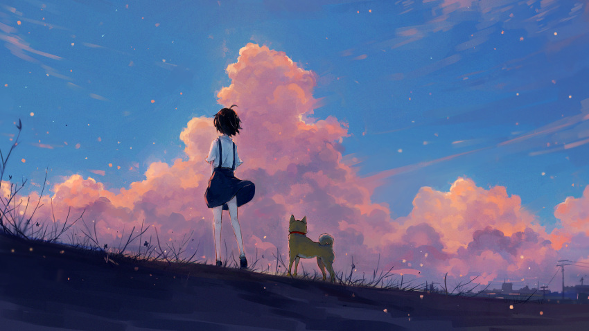 1girl ahoge animal axleaki bare_legs black_footwear black_hair blue_skirt blue_sky building clouds cloudy_sky collar commentary dog dog_collar english_commentary grass highres light_particles original outdoors power_lines scenery shiba_inu shirt shoes short_hair skirt sky solo standing suspender_skirt suspenders tail twilight white_shirt wind wind_lift