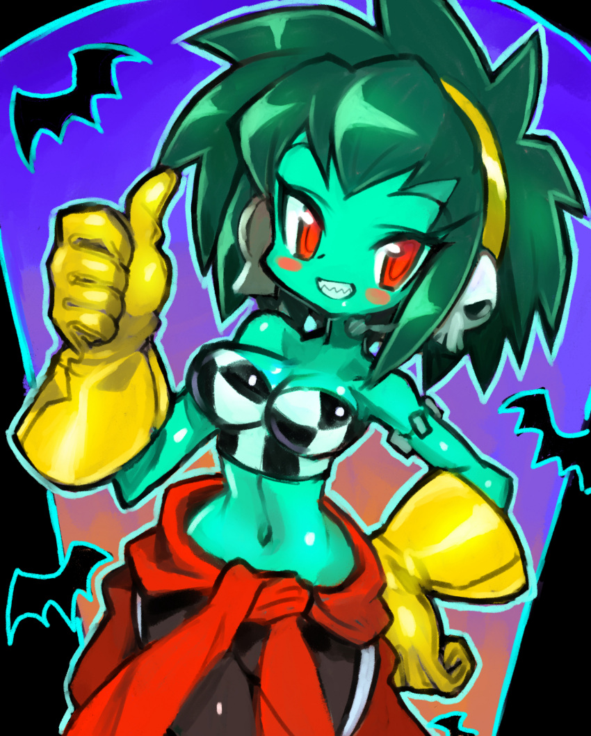 1girl absurdres alternate_hair_color alternate_hairstyle bare_arms bare_shoulders blue_skin blush breasts cleavage clothes_around_waist dakusuta earrings gloves green_hair hairband halloween hand_on_hip highres jewelry midriff navel red_eyes rottytops shantae_(series) short_hair sidelocks skull_earrings smile solo thumbs_up tsurime yellow_gloves