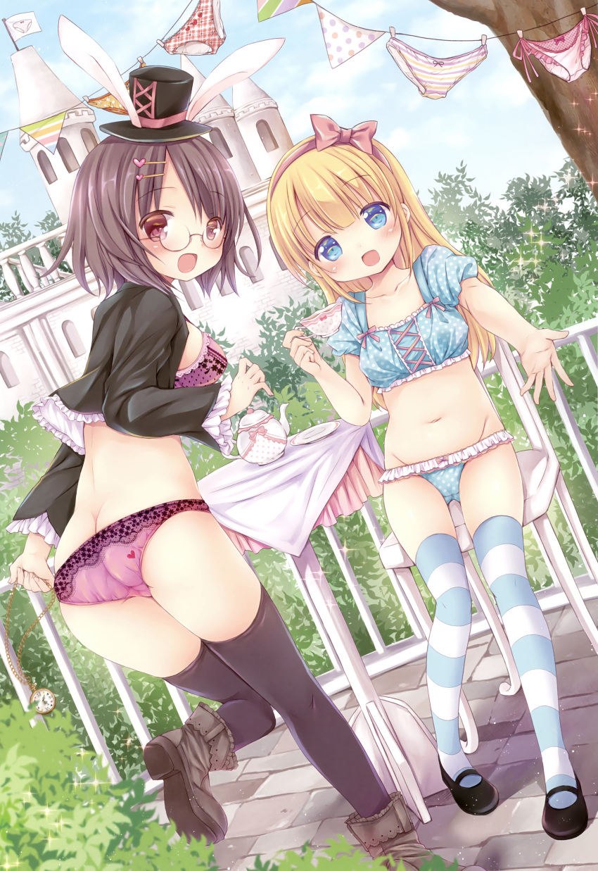 2girls absurdres animal_ears ankle_boots ass bangs black_jacket black_legwear blonde_hair blue_eyes blue_legwear blue_panties blue_shirt boots bow bow_panties bra brown_eyes brown_hair bush butt_crack castle clothesline clouds cloudy_sky crop_top crotch_seam cup day eyebrows_visible_through_hair fake_animal_ears flag frilled_panties frilled_shirt frills from_behind glasses gluteal_fold grey_footwear hair_bow hair_ornament hairband hairclip hat highres holding holding_cup jacket lace lace-trimmed_panties leaning_forward leg_up long_hair long_sleeves looking_at_viewer looking_back mary_janes mini_hat mini_top_hat multicolored multicolored_stripes multiple_girls navel open_mouth original outdoors panties pink_bow pink_hairband pink_panties plaid plaid_panties polka_dot polka_dot_panties purple_bra purple_panties rabbit_ears reaching_out red_panties rico_(pico-ba) round_eyewear saucer shirt shoes short_hair short_sleeves side-tie_panties sitting sky smile sparkle standing standing_on_one_leg stone_floor striped striped_legwear teacup teapot thigh-highs top_hat tree underwear white_flag yellow_panties