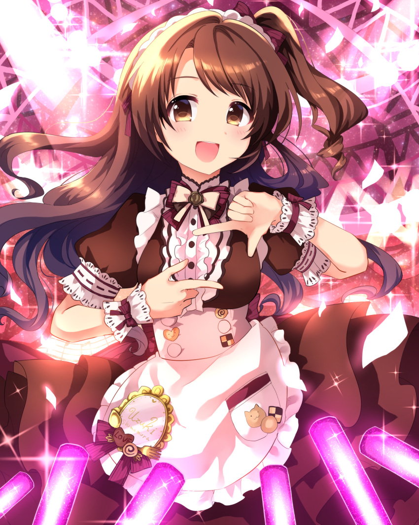 1girl :d absurdres alternate_costume apron bangs black_dress blush bow bowtie breasts brown_eyes brown_hair buttons character_name commentary_request curly_hair dress enmaided eyebrows_visible_through_hair finger_frame floating_hair frilled_dress frills glowstick highres idolmaster idolmaster_cinderella_girls long_hair looking_at_viewer maid maid_apron maid_headdress medal medium_breasts one_side_up open_mouth parted_bangs pocket puffy_short_sleeves puffy_sleeves purple_neckwear shimamura_uzuki short_sleeves smile solo sparkle spotlight sweetroad symbol_commentary teeth wrist_cuffs