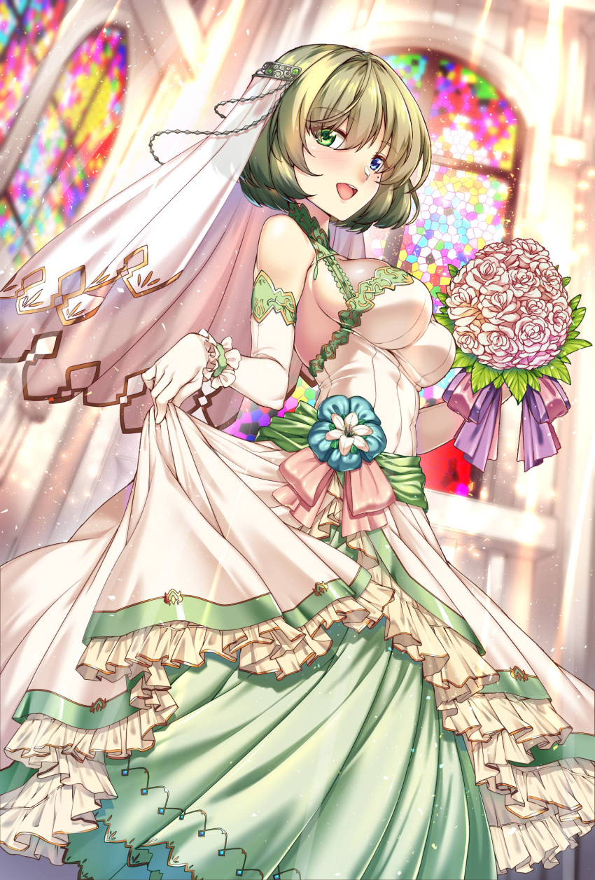 1girl :d bare_shoulders blue_eyes blush bouquet breasts church dress elbow_gloves flower gloves green_eyes hetero highres idolmaster idolmaster_cinderella_girls looking_at_viewer mole mole_under_eye open_mouth see-through shirokuma_a short_hair smile solo takagaki_kaede veil wedding_dress white_gloves