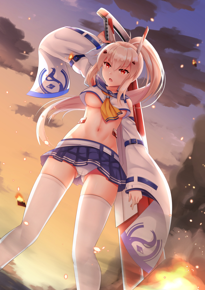 1girl ayanami_(azur_lane) azur_lane breasts clouds cloudy_sky commentary_request detached_sleeves f_(milfaaaaa) from_below hair_ornament hairclip highres holding holding_sword holding_weapon long_hair looking_at_viewer looking_down navel panties pantyshot pantyshot_(standing) petals pleated_skirt ponytail red_eyes remodel_(azur_lane) school_uniform serafuku skirt sky solo standing sword thigh-highs twilight under_boob underwear weapon white_legwear white_panties wide_sleeves wind zettai_ryouiki