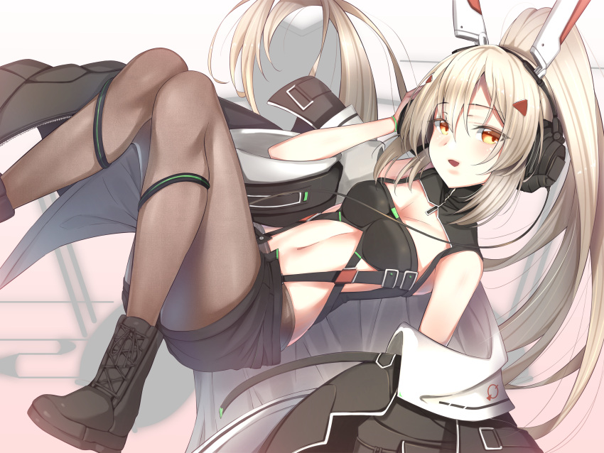 1girl :d absurdres ayanami_(azur_lane) azur_lane black_legwear boots breasts cable cleavage commentary_request hair_ornament hairclip headgear headphones highres long_hair looking_at_viewer lying navel open_mouth orange_eyes pantyhose ponytail remodel_(azur_lane) shorts silver_hair smile solo yamanokami_eaka