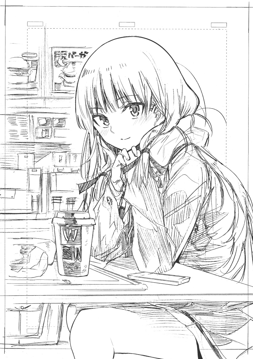 1girl absurdres arm_support bag blush brand_name_imitation cellphone closed_mouth eyebrows_visible_through_hair from_side greyscale hair_tie hands_clasped highres indoors kojima_takeshi long_hair long_sleeves looking_to_the_side mcdonald's miniskirt monochrome original own_hands_together paper_bag phone restaurant sketch skirt sleeves_past_wrists smartphone smile solo table traditional_media tray wrapper
