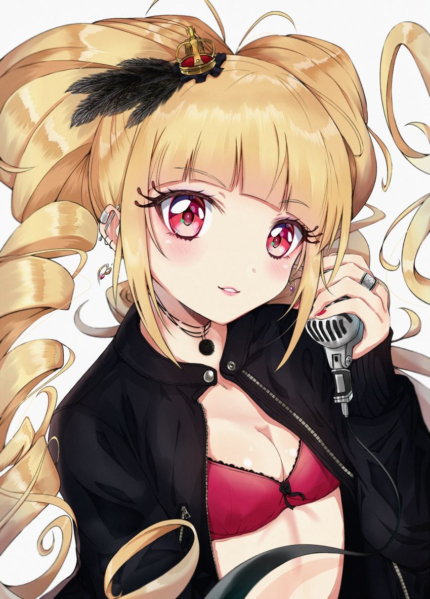 1girl aisaki_emiru antenna_hair bangs black_jacket blonde_hair blunt_bangs blush bra breasts choker cleavage commentary_request crown cure_macherie drill_hair ear_clip ear_piercing earring_removed earrings eyebrows_visible_through_hair eyelashes feathers fingernails hair_feathers highres holding holding_microphone hugtto!_precure jacket jewelry light_smile looking_at_viewer microphone mini_crown nail_polish open_clothes open_jacket parted_lips piercing precure red_bra red_eyes red_nails ring rudo_(rudorudo0917) simple_background small_breasts solo twin_drills underwear upper_body white_background