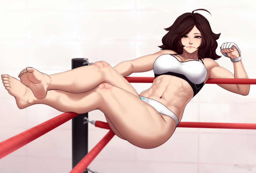 1girl abs ahoge ass barefoot blush boxing_ring breasts brown_eyes brown_hair cleavage closed_mouth eyebrows_visible_through_hair feet feet_up full_body large_breasts legs_up long_hair looking_at_viewer lying messy_hair midriff mma_gloves muscle muscular_female navel on_back original razalor simple_background soles solo sports_bikini sports_bra stomach thighs toned wavy_hair
