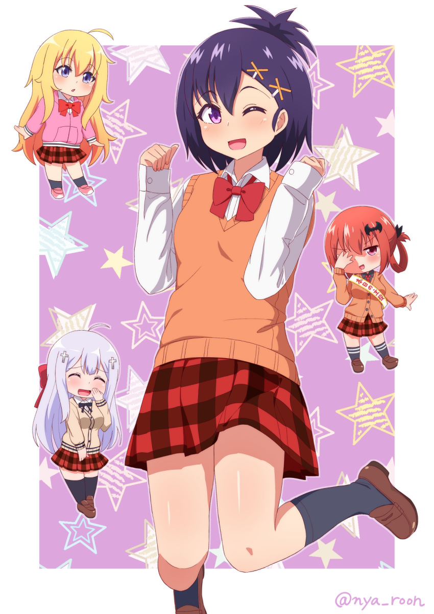 4girls artist_name bat_hair_ornament black_hair black_legwear blonde_hair blue_eyes blush bow breasts cardigan chibi closed_eyes collared_shirt cross_hair_ornament eyebrows_visible_through_hair facing_viewer gabriel_dropout hair_bow hair_ornament hand_over_eye highres kneehighs kurumizawa_satanichia_mcdowell long_hair long_sleeves looking_at_viewer medium_breasts multiple_girls nyaroon one_eye_closed open_mouth parted_lips plaid plaid_skirt red_bow red_eyes redhead shiraha_raphiel_ainsworth shirt short_hair skirt sleeves_past_wrists smile tenma_gabriel_white tsukinose_vignette_april twitter_username violet_eyes white_hair x_hair_ornament