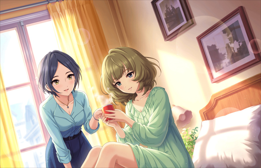 2girls artist_request bangs bed belt blue_eyes blue_shirt blue_skirt blush bracelet breasts brown_hair cleavage collarbone cup curtains earrings eyebrows_visible_through_hair fringe green_eyes hayami_kanade heterochromia highres idolmaster idolmaster_cinderella_girls idolmaster_cinderella_girls_starlight_stage indoors jewelry lamp looking_at_another medium_breasts mole mole_under_eye multiple_girls mysterious_eyes_(idolmaster) necklace nightgown official_art on_bed parted_bangs pillow plant pretty_liar_(idolmaster) shirt short_hair sitting skirt smile sunlight takagaki_kaede window yellow_eyes
