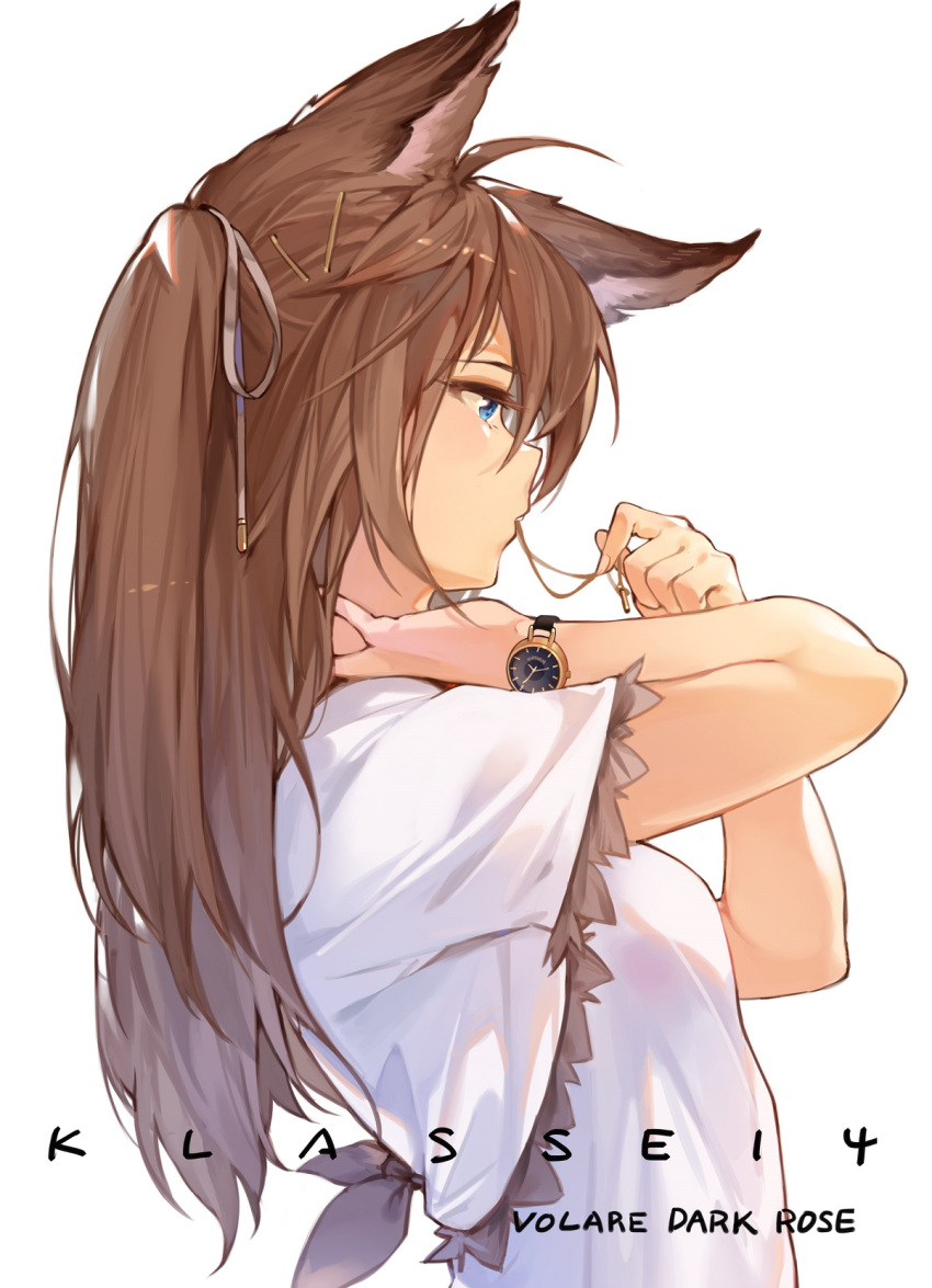 1girl ahoge animal_ears bangs blue_eyes brown_hair cat_ears commentary_request from_side hair_ornament hair_ribbon hairclip hana_mori hands_up highres holding klasse14 long_hair open_mouth original profile ribbon short_sleeves simple_background solo upper_body watch watch white_background