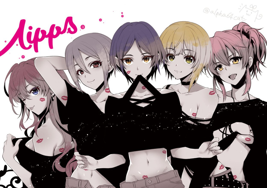 5girls ahoge alpha_(yukai_na_nakamatachi) bangs bare_shoulders belt blonde_hair blue_eyes blue_hair blush bracelet breasts brown_eyes brown_hair choker cleavage closed_mouth collarbone eyelashes green_eyes grey_hair hair_between_eyes hayami_kanade ichinose_shiki idolmaster idolmaster_cinderella_girls jewelry jougasaki_mika lipps_(idolmaster) lipstick_mark long_hair looking_at_viewer medium_breasts miyamoto_frederica mouth_hold multiple_girls navel one_eye_closed open_mouth parted_bangs pink_hair ponytail shiomi_shuuko short_hair sidelocks simple_background smile tongue tongue_out waist wavy_hair white_background yellow_eyes