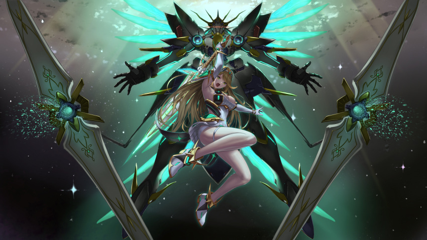 1girl absurdres ankle_boots aqua_wings armlet arms_up bangs bare_legs blonde_hair boots breasts cleavage cleavage_cutout clouds commentary_request dress elbow_gloves faulds floating floating_object from_below full_body gloves headpiece highres mythra_(xenoblade) holding holding_sword holding_weapon huge_weapon large_breasts long_hair looking_at_viewer looking_down mecha midair night night_sky nintendo outdoors outstretched_arm panties pantyshot shisshou_senkoku short_dress siren_(xenoblade) sky sleeveless sleeveless_dress sparkle straight_hair swept_bangs sword thigh_strap underwear upskirt v-shaped_eyebrows very_long_hair weapon white_dress white_footwear white_gloves white_panties xenoblade_(series) xenoblade_2 yellow_eyes