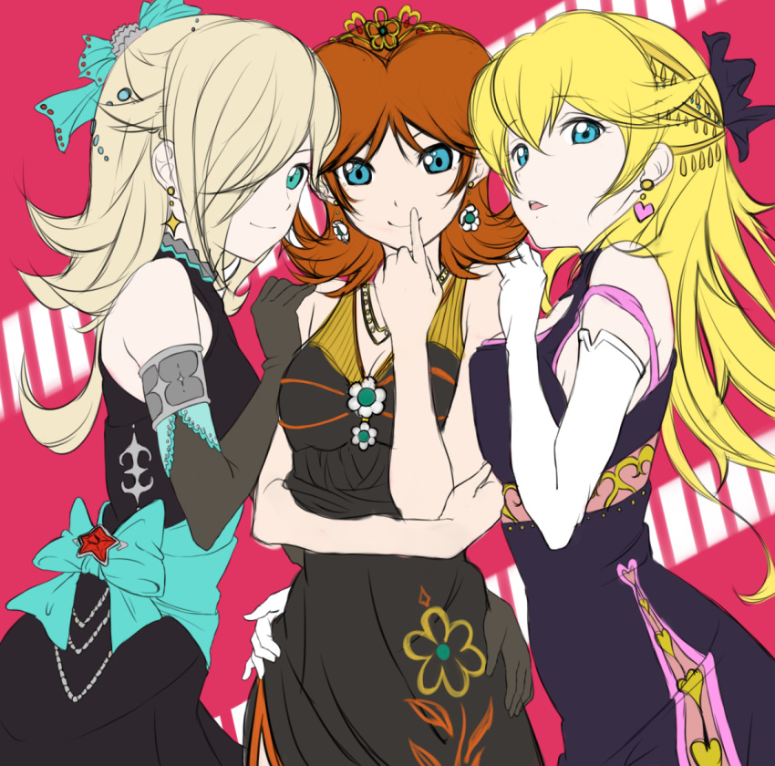 3girls armlet black_dress black_gloves blonde_hair blue_eyes breasts brown_hair cleavage cowboy_shot diadem dress earrings elbow_gloves eyebrows_visible_through_hair floating_hair floral_print gloves hair_between_eyes hair_over_one_eye hand_on_another's_hip hand_on_another's_shoulder heart heart_earrings index_finger_raised jewelry long_hair looking_at_viewer love_live! love_live!_school_idol_project super_mario_bros. medium_breasts multiple_girls necklace nintendo open_mouth princess_daisy princess_peach print_dress rosetta_(mario) silver_hair sketch sleeveless sleeveless_dress smile soldier_game standing udzuki_(suzu04) white_gloves