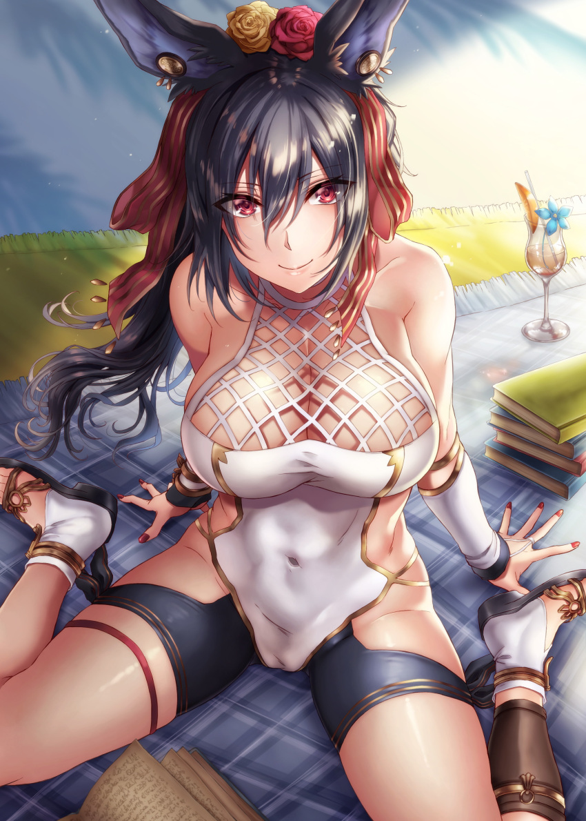 1girl absurdres animal_ears arm_support black_hair blanket blush book breasts cleavage collarbone covered_navel cup drinking_glass drinking_straw erune flower granblue_fantasy hair_between_eyes hair_flower hair_ornament hair_ribbon highres hikari_(komitiookami) ilsa_(granblue_fantasy) large_breasts long_hair looking_at_viewer nail_polish outdoors red_eyes red_nails ribbon rose sitting smile solo swimsuit wariza wind