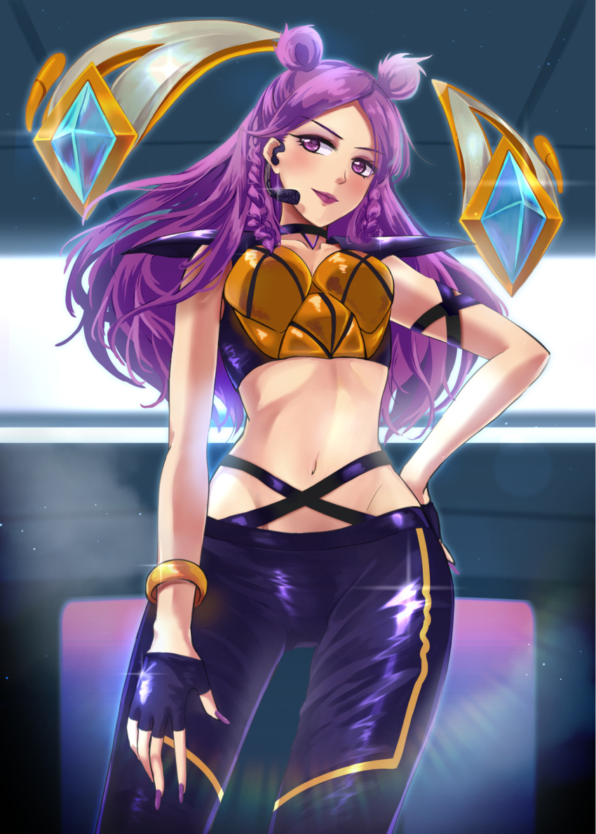 1girl alternate_costume blush breasts cleavage hand_on_hip highres jacket k/da-kai'sa kai'sa league_of_legends lipstick long_hair looking_at_viewer makeup medium_breasts midriff nail_polish navel niu pants purple_hair purple_nails smile solo standing violet_eyes