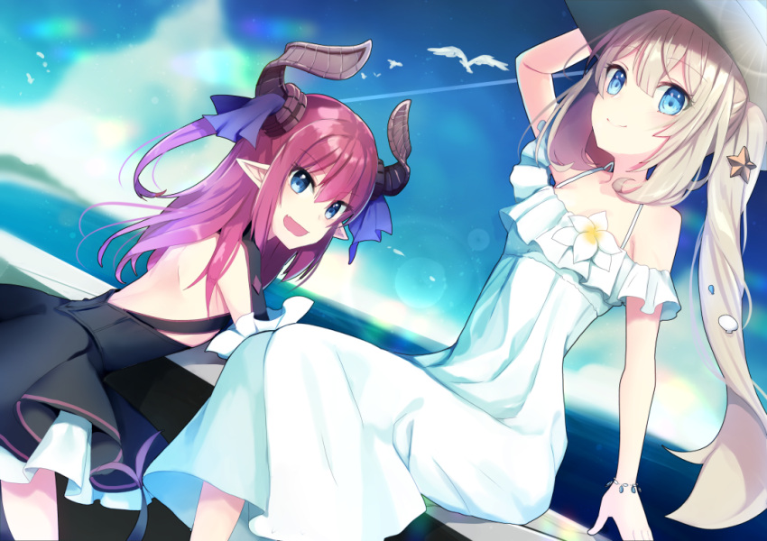 2girls :d ameshizuku_natsuki backless_dress backless_outfit bangs bare_shoulders black_dress blue_eyes blue_sky blush closed_mouth clouds cloudy_sky commentary_request curled_horns day dragon_horns dress elizabeth_bathory_(fate) elizabeth_bathory_(fate)_(all) eyebrows_visible_through_hair fang fate/extra fate/extra_ccc fate/grand_order fate_(series) flower hair_between_eyes hair_ornament hair_ribbon hat horizon horns leaning_forward light_brown_hair long_hair looking_at_viewer looking_to_the_side marie_antoinette_(fate/grand_order) marie_antoinette_(swimsuit_caster)_(fate) multiple_girls ocean off-shoulder_dress off_shoulder on_railing open_mouth outdoors pink_hair pleated_dress purple_ribbon railing ribbon seashell_hair_ornament short_dress sitting sitting_on_railing sky smile standing starfish_hair_ornament twintails two_side_up very_long_hair water white_dress white_flower white_hat