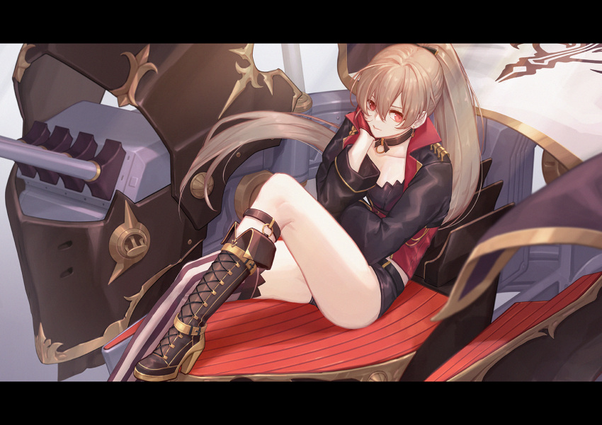 1girl anchor_symbol azur_lane bangs belt boots breasts brown_footwear buckle cannon choker cleavage collarbone earrings gloves hair_between_eyes jacky5493 jean_bart_(azur_lane) jewelry letterboxed long_hair long_sleeves looking_at_viewer machinery medium_breasts ponytail red_eyes red_gloves rigging short_shorts shorts sidelocks single_knee_boot single_thighhigh sitting skull solo striped striped_legwear thigh-highs thighs