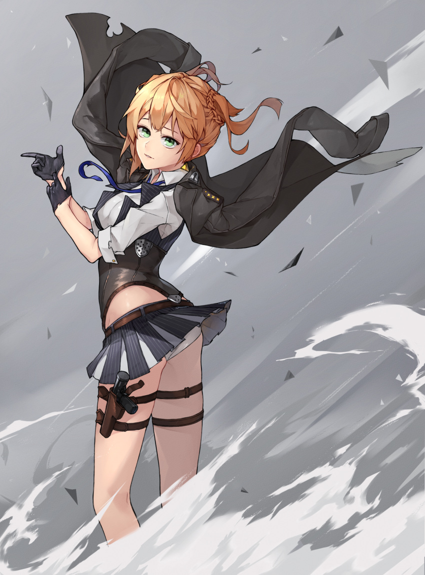 1girl absurdres bangs belt black_gloves blonde_hair blue_neckwear braid breasts closed_mouth commentary day floating_hair girls_frontline gloves green_eyes grey_background gun half_gloves highres holding holster holstered_weapon jacket_on_shoulders looking_at_viewer medium_breasts miniskirt outdoors page'as panties pantyshot pantyshot_(standing) pleated_skirt shirt short_hair skirt skirt_lift solo standing thigh_strap twintails underwear upskirt vest waves weapon welrod_mk2 welrod_mk2_(girls_frontline) white_panties white_shirt wind wind_lift
