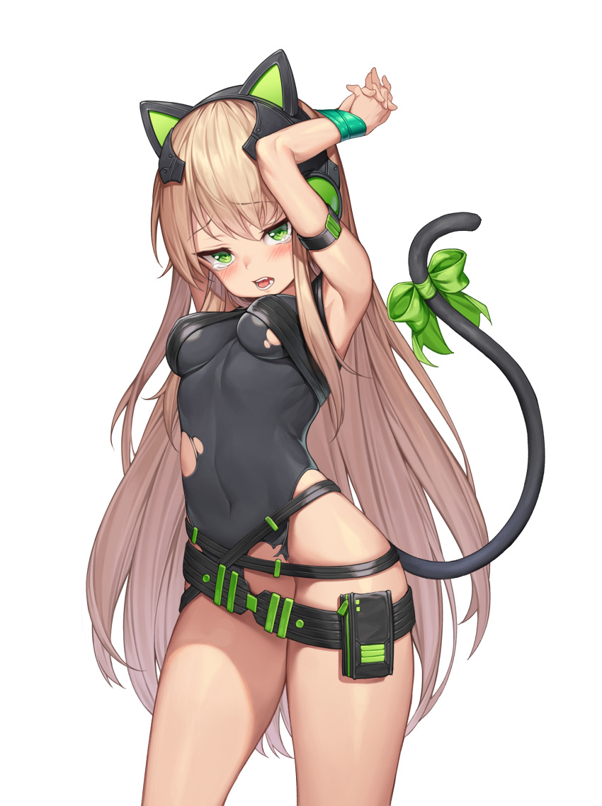 1girl absurdres animal_ears armband armpits arms_up belt breasts brown_hair cat_ears cat_tail contrapposto convenient_censoring covered_navel cowboy_shot eyebrows_visible_through_hair fake_animal_ears fangs girls_frontline green_eyes headphones highres impossible_clothes impossible_leotard leotard long_hair medium_breasts mokew open_mouth restrained ribbon sidelocks skin_tight solo tail tail_ribbon teardrop thighs tmp_(girls_frontline) torn_clothes torn_leotard very_long_hair