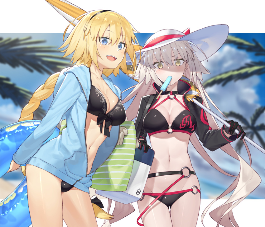 2girls :d ahoge bangs beach_umbrella bikini black_bikini black_choker black_hairband black_jacket blonde_hair blue_eyes blue_innertube blue_jacket braid breasts choker clouds cloudy_sky commentary_request cooler cowboy_shot cropped_jacket eyebrows_visible_through_hair fate/grand_order fate_(series) food food_in_mouth front-tie_bikini front-tie_top hair_between_eyes hairband hat hayashi_kewi head_tilt holding holding_innertube hood hood_down hooded_jacket innertube jacket jeanne_d'arc_(alter_swimsuit_berserker) jeanne_d'arc_(fate)_(all) jeanne_d'arc_(swimsuit_archer) large_breasts long_braid long_hair looking_at_viewer mouth_hold multiple_girls navel o-ring o-ring_bikini o-ring_bottom o-ring_top open_mouth outdoors over_shoulder palm_tree popsicle shrug_(clothing) silver_hair single_braid sky smile sun_hat swimsuit tote_bag transparent tree umbrella very_long_hair waist yellow_eyes