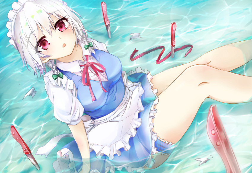 1girl apron bangs blue_skirt blue_vest breasts chestnut_mouth dutch_angle eyebrows_visible_through_hair feet_out_of_frame frilled_skirt frills garters hair_between_eyes hair_ribbon highres in_water izayoi_sakuya knife looking_at_viewer maid_headdress medium_breasts neck_ribbon outstretched_legs planted_weapon puffy_short_sleeves puffy_sleeves red_eyes red_ribbon ribbon shirt short_hair short_sleeves silver_hair sitting skirt solo tahita1874 touhou tress_ribbon twintails vest waist_apron weapon white_shirt