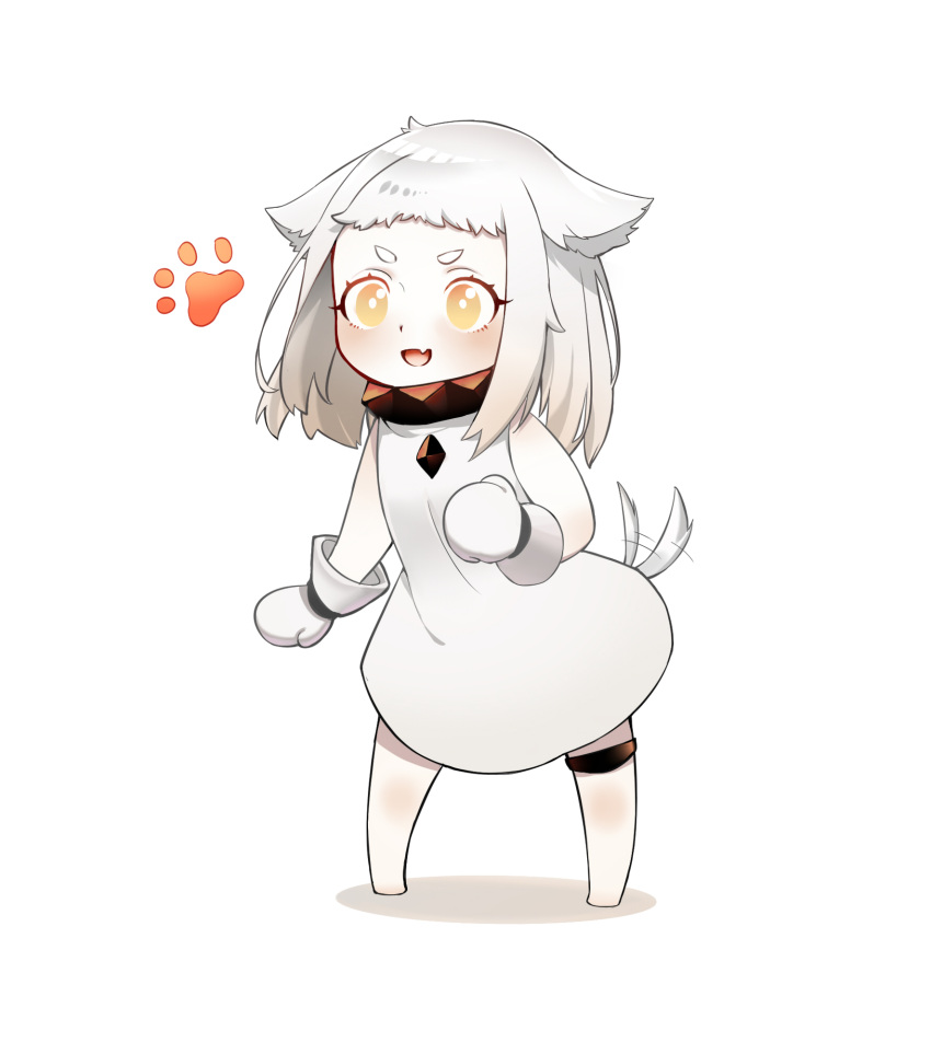 1girl :d animal_ears commentary_request dog_ears dog_tail dress fang highres iouley kantai_collection kemonomimi_mode long_hair looking_at_viewer mittens northern_ocean_hime open_mouth orange_eyes paw_print shinkaisei-kan simple_background smile solo tail tail_wagging white_background white_dress white_hair white_skin