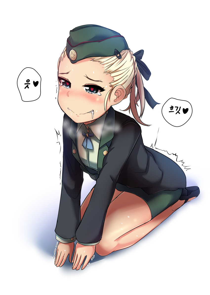 1girl absurdres black_jacket blonde_hair blue_eyes blush dogeza girls_frontline green_jacket green_skirt hair_ribbon hat highres jacket korean long_sleeves looking_at_viewer military military_hat military_jacket military_uniform miniskirt ribbon serdyukov_(girls_frontline) sexually_suggestive shirt shoes short_hair simple_background sitting skirt solo translation_request uniform white_background white_shirt yellowseeds