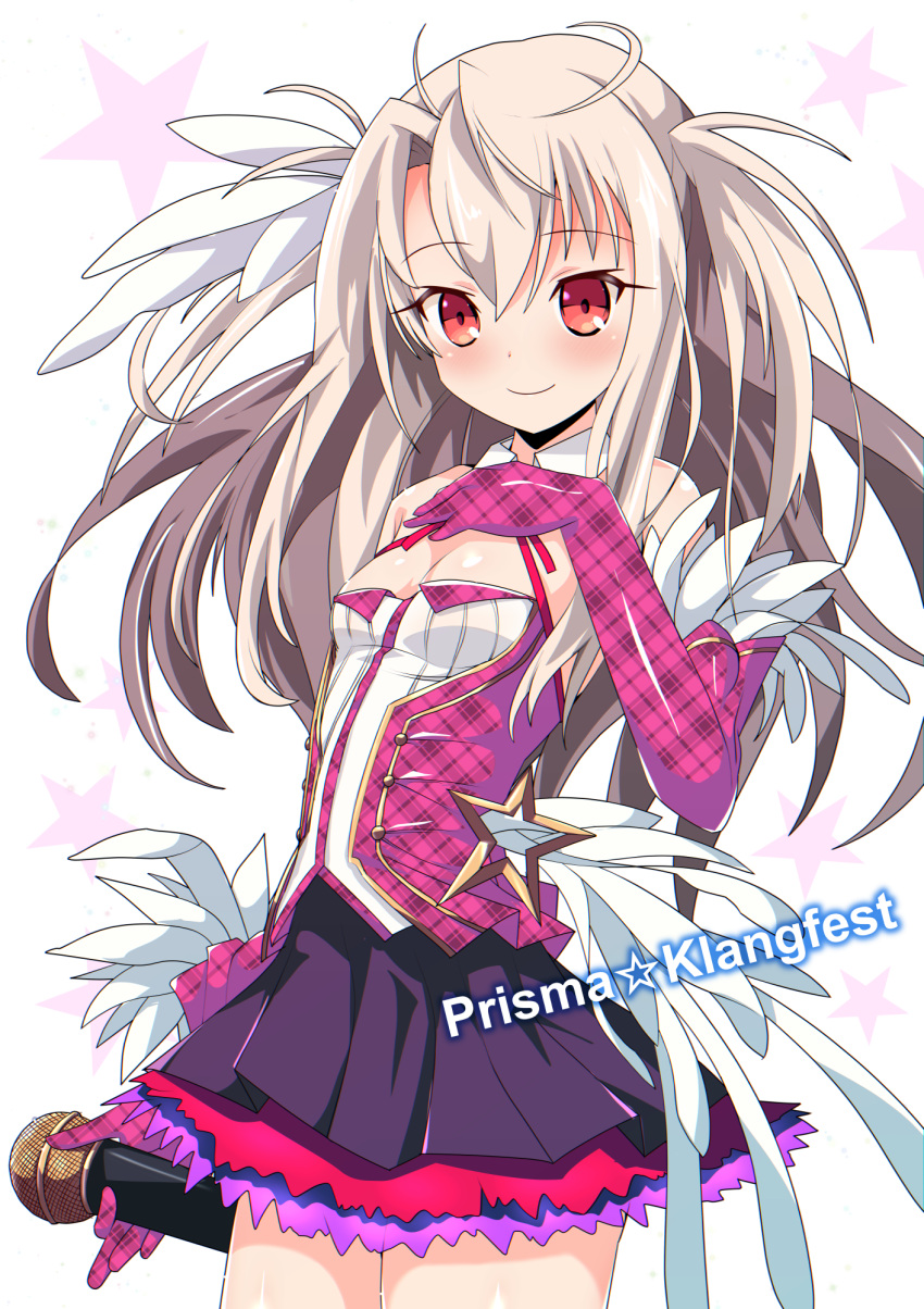 1girl bangs bare_shoulders blush breasts cleavage_cutout closed_mouth elbow_gloves fate/kaleid_liner_prisma_illya fate_(series) feathers gloves hair_between_eyes hair_feathers hand_on_own_chest highres idol illyasviel_von_einzbern long_hair looking_at_viewer microphone pink_gloves purple_skirt red_eyes skirt small_breasts smile solo star starry_background thighs white_background white_hair xiao_rui_rui