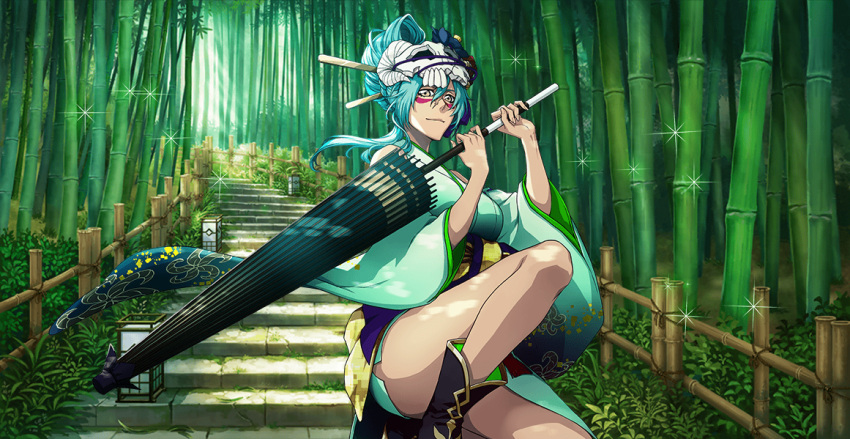 1girl alternate_costume alternate_hairstyle arrancar bleach convenient_leg facial_mark female green_hair holding holding_umbrella japanese_clothes kimono nelliel_tu_odelschwanck official_art parasol skull solo thighs umbrella