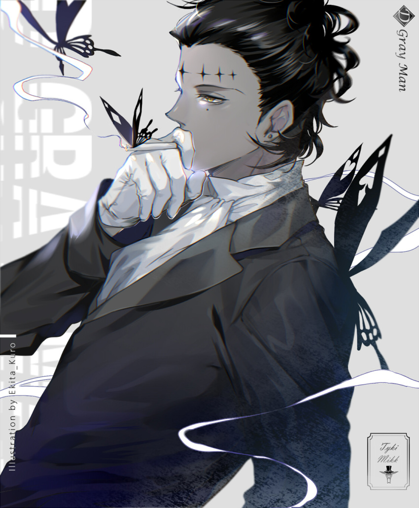 1boy artist_name ascot black_hair black_jacket bug butterfly character_name copyright_name d.gray-man dark_skin ekita_xuan facial_mark gloves highres insect jacket male_focus shiny shiny_hair shirt smoking solo tyki_mikk white_gloves white_neckwear white_shirt