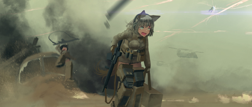 1girl action aircraft bag blurry blurry_background blurry_foreground brown_eyes brown_jacket carrying ch-47_chinook commentary_request dark_skin day depth_of_field dust_cloud explosion explosive fire frown furukawa_herzer grenade grey_hair gun helicopter highres jacket long_sleeves looking_to_the_side machine_gun military motion_blur open_mouth original partial_commentary satchel short_hair smoke solo_focus sparks standing standing_on_one_leg striker_unit tactical_clothes tracer_fire walking weapon weapon_request world_witches_series