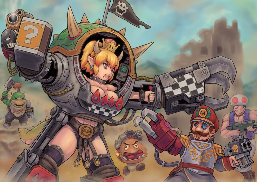 1girl 3boys abs armor axe blonde_hair bowser_jr. bowsette breasts commentary_request crown dynamite earrings exoskeleton facial_hair flag goomba horns imperium_of_man jewelry kensaint large_breasts mario super_mario_bros. mechanical_arm multiple_boys mustache new_super_mario_bros._u_deluxe nintendo open_mouth orkz pointy_ears ponytail red_eyes sharp_teeth spiked_tail spikes super_crown teeth toad warhammer_40k