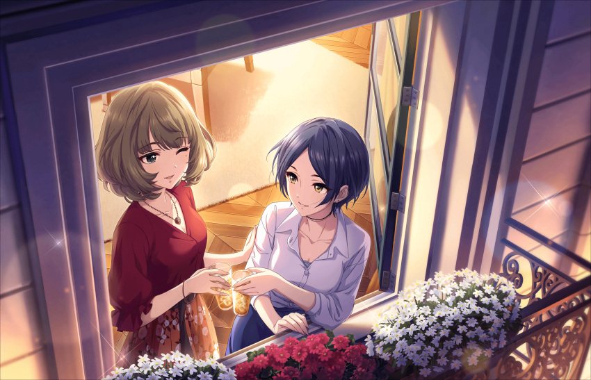 2girls artist_request bangs belt bracelet breasts brown_hair choker cleavage collarbone drink earrings eyebrows_visible_through_hair floral_print flower hayami_kanade highres idolmaster idolmaster_cinderella_girls idolmaster_cinderella_girls_starlight_stage indoors jewelry looking_at_another medium_breasts mole multiple_girls mysterious_eyes_(idolmaster) official_art one_eye_closed open_window parted_bangs pretty_liar_(idolmaster) red_flower red_shirt shirt short_hair skirt smile takagaki_kaede toast_(gesture) white_flower white_shirt window yellow_eyes