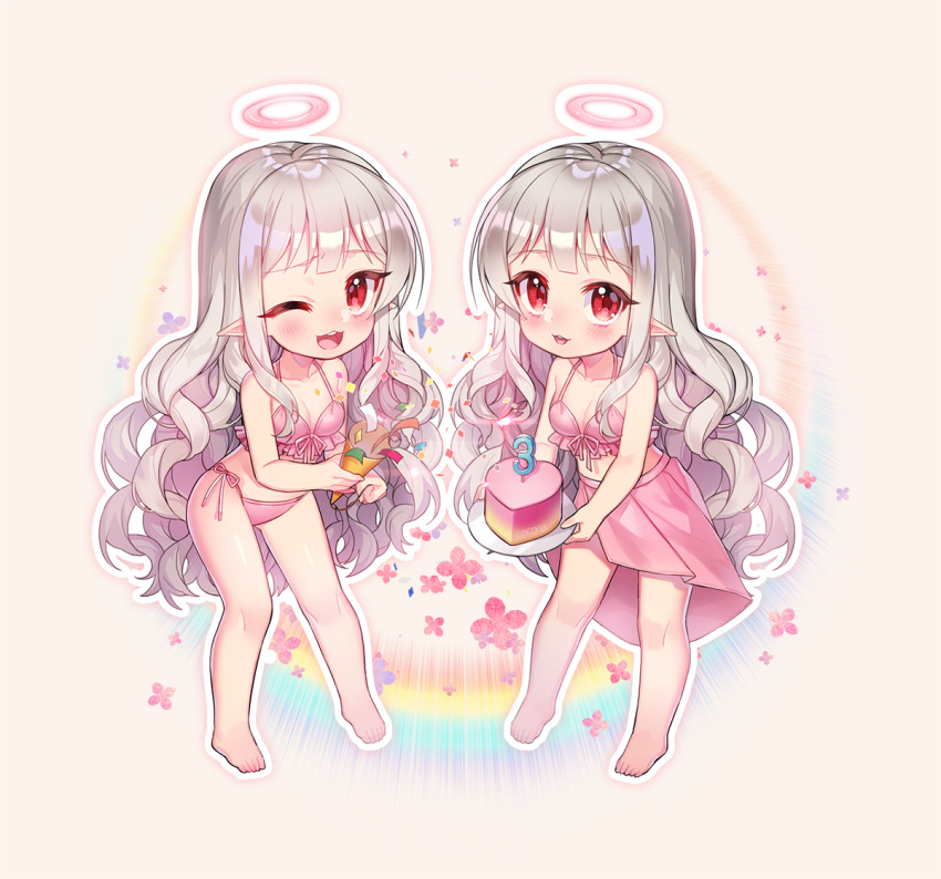 2girls ;d bangs barefoot bikini blann blush breasts cake character_request chibi cleavage collarbone dungeon_and_fighter food front-tie_bikini front-tie_top full_body grey_hair halo holding holding_tray long_hair looking_at_viewer multiple_girls one_eye_closed open_mouth party_popper pink_bikini pink_sarong pointy_ears red_eyes sarong side-tie_bikini smile standing swimsuit tray wavy_hair